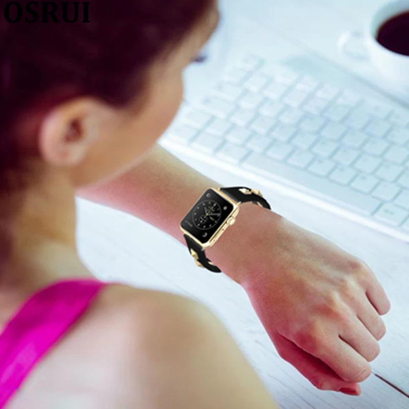 Strap for Apple watch band 45mm 41mm 42mm 38mm 44mm 40mm Iwatch 7 6 5 4 3 se Leather correa rivets wrist bracelet Accessories