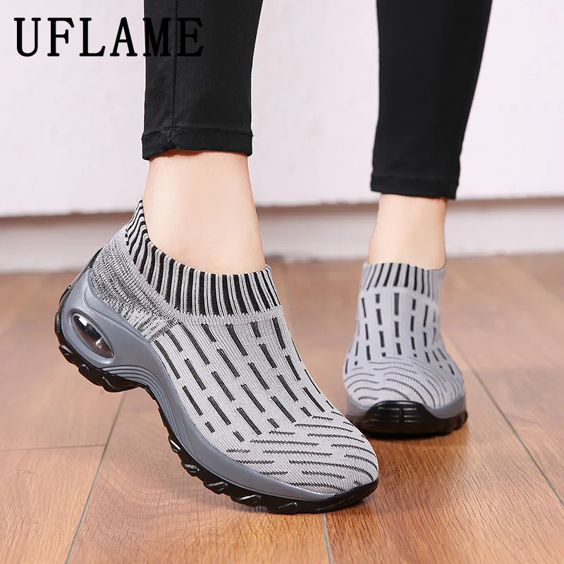 

New Women Sports Shoes Fashion 2022 Elastic Mesh Air Cushioned Casual Shoes Mother Breathable Wedge Pumps Thick Bottom Sneakers