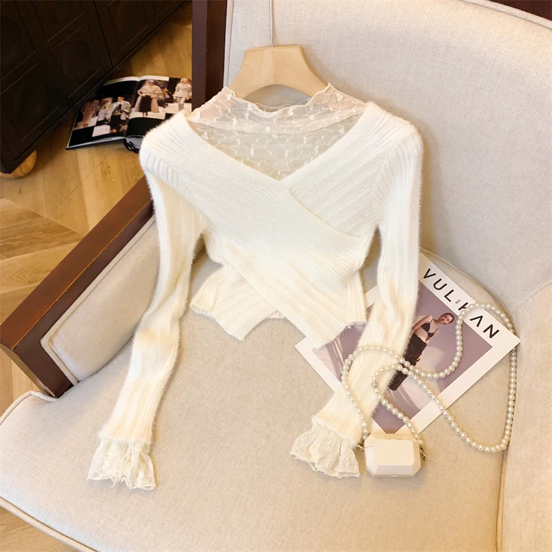 Женский кружевной свитер Bomon Однотонный с кружевными расклешенными рукавами