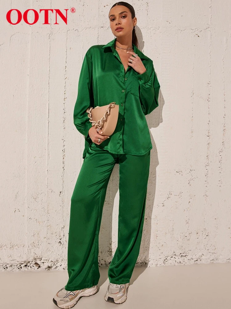 

OOTN Satin Streetwear 2 Pieces Casual Outfit Summer Lapel Long Sleeve Shirts Thin Sets Elastic Waist Wide Trousers Suit Women