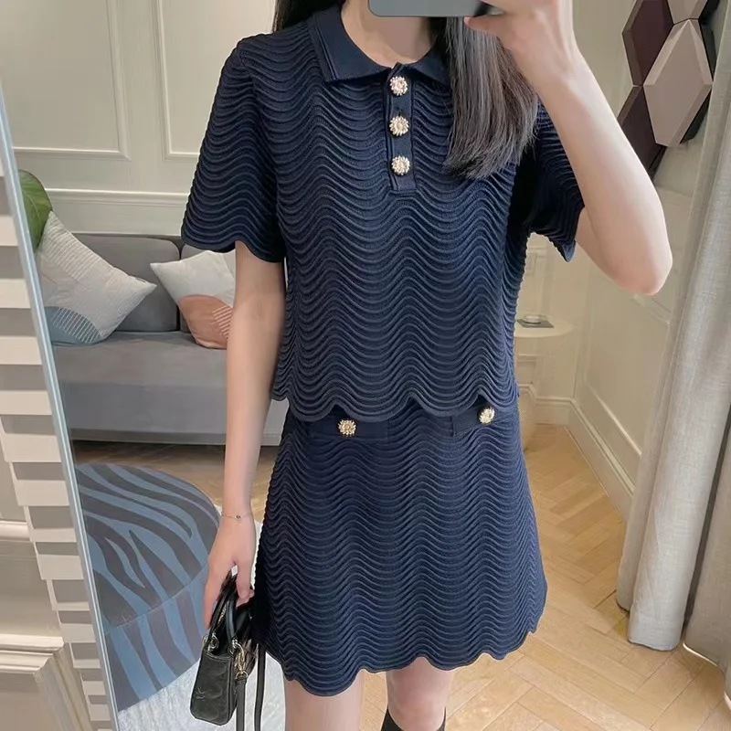 

Women Top Buttons Wave Side Knitted Or Mini Skirt A-Line Casual Set