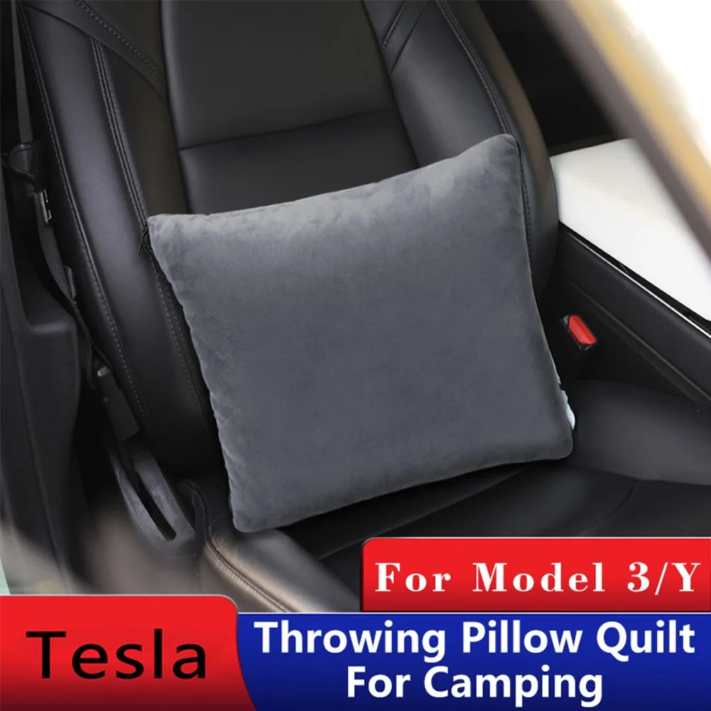 

Car Camping Special Headrest Quilt 2-in-1 Gray For Tesla Model Y 2021-2022 Deer Velvet Pillow Blanket Auto Interior Accessories