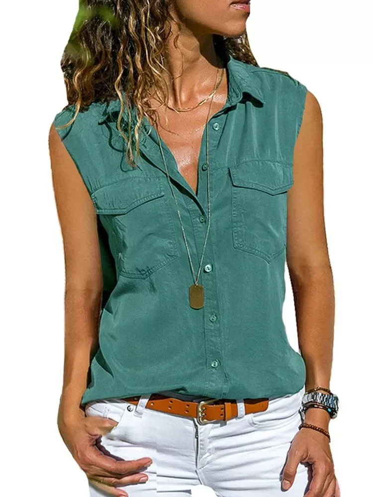 

2022New Cotton Tops Blouses 2022 Autumn Sleeveless Solid V-Neck Office Blouse Female Work Women Button Up Shirt Plus Size 8XL