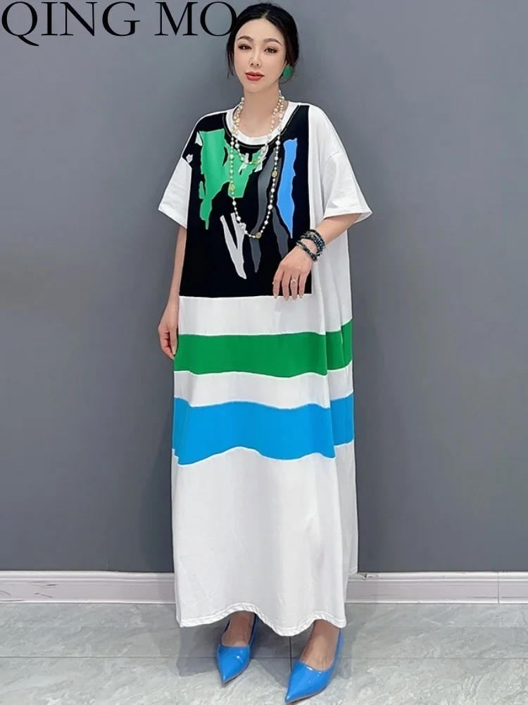 

QING MO 2023 Summer New Korean Fashionable Short Sleeve Women Dress Color Block Long Length Dress Shows Slim Casual ZXF2879