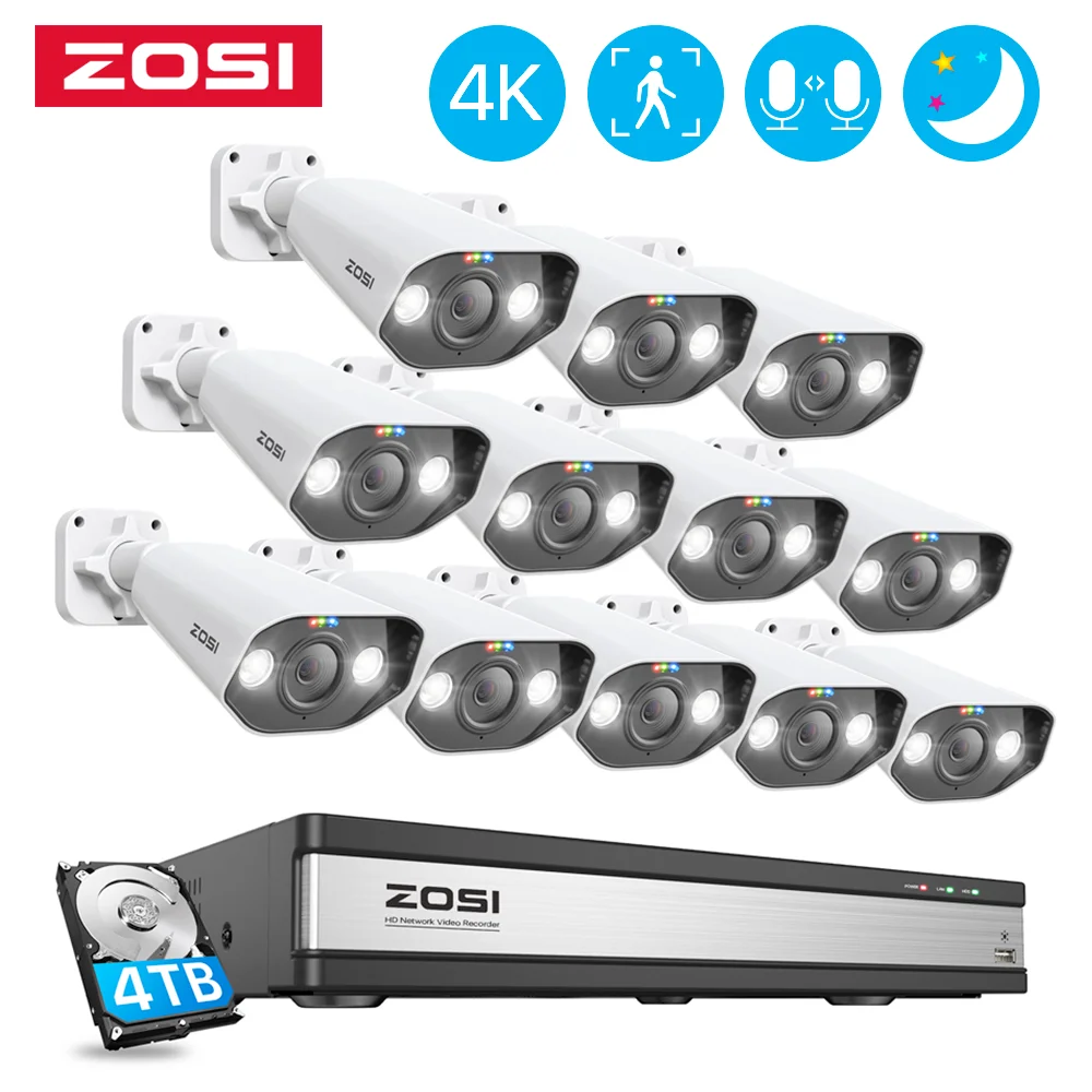 

ZOSI 4K 8MP POE Security Camera System 16CH P2P AI Video Surveillance Kit Two Way Audio Outdoor Home 8MP IP Camera CCTV Nvr Set