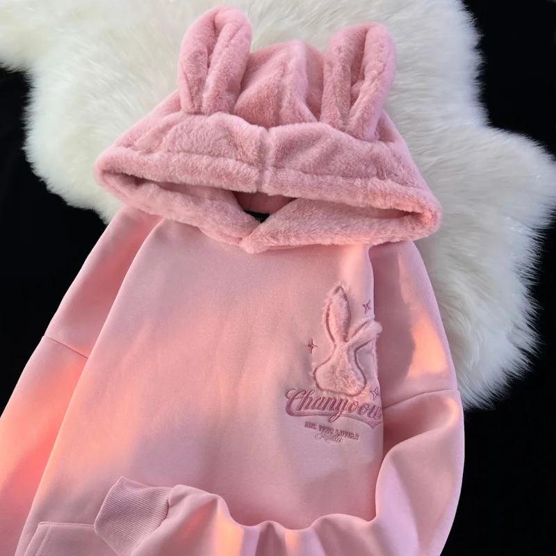 

Japanese Cute Rabbit Ears Hooded Sweater Women Autumn Winter New Loose Lazy Style Soft Breasts Plus Velvet Thick Pullover Jacket