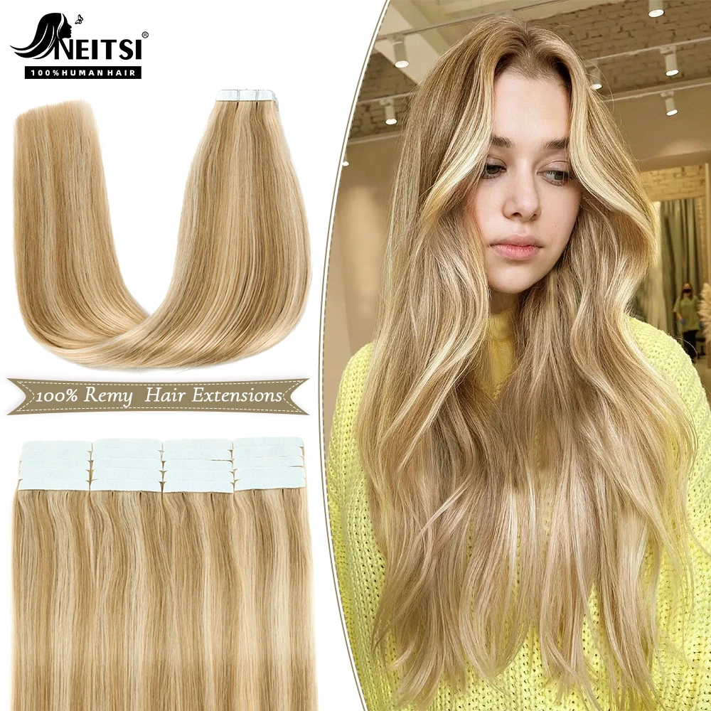 Neitsi Tape in 100% Human Hair Extensions Natural Straight 24inches 60CM Double Adhesive Blonde Long Real Hairpiece For Women