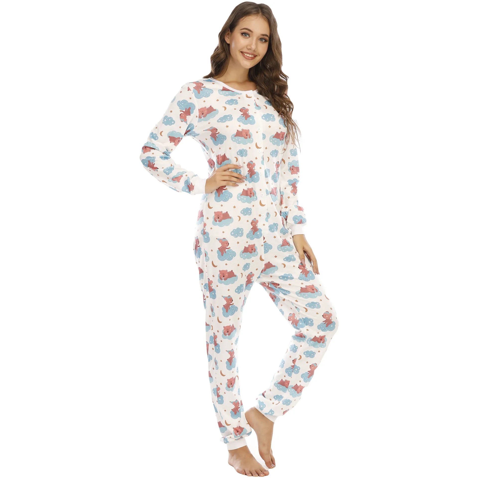 Women's Onezie Pajamas Long Sleeve Printed Button Home Wear Rompers Round Neck Loose Sleepwear Bodysuit Woman Onesie Pajama