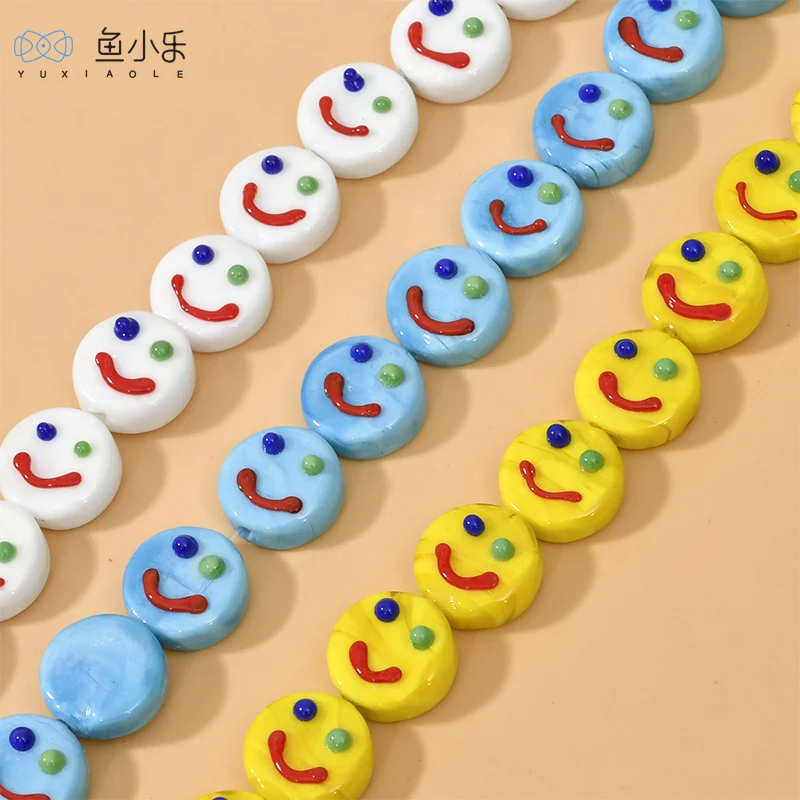 Children's Cute Glass Flower Smiley Face Straight Hole Flat round Beads DIY Bracelet Necklace Ear Rings Beaded Accessories