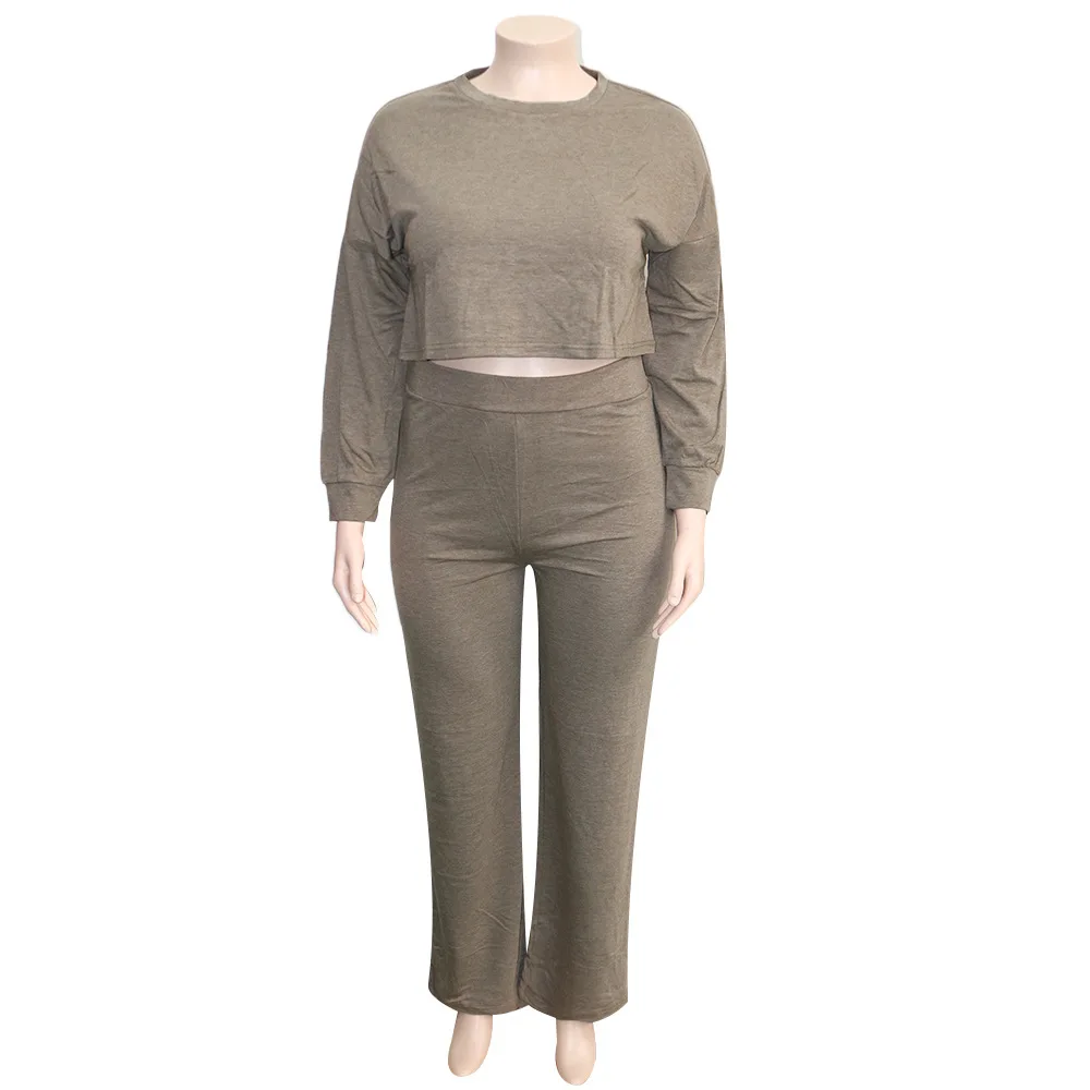 Plus Size Matching Sets Two Piece Sets Womens Outifits Winter Office Lady Solid Long Sleeve O-Neck Elastic Waist Slight Strech