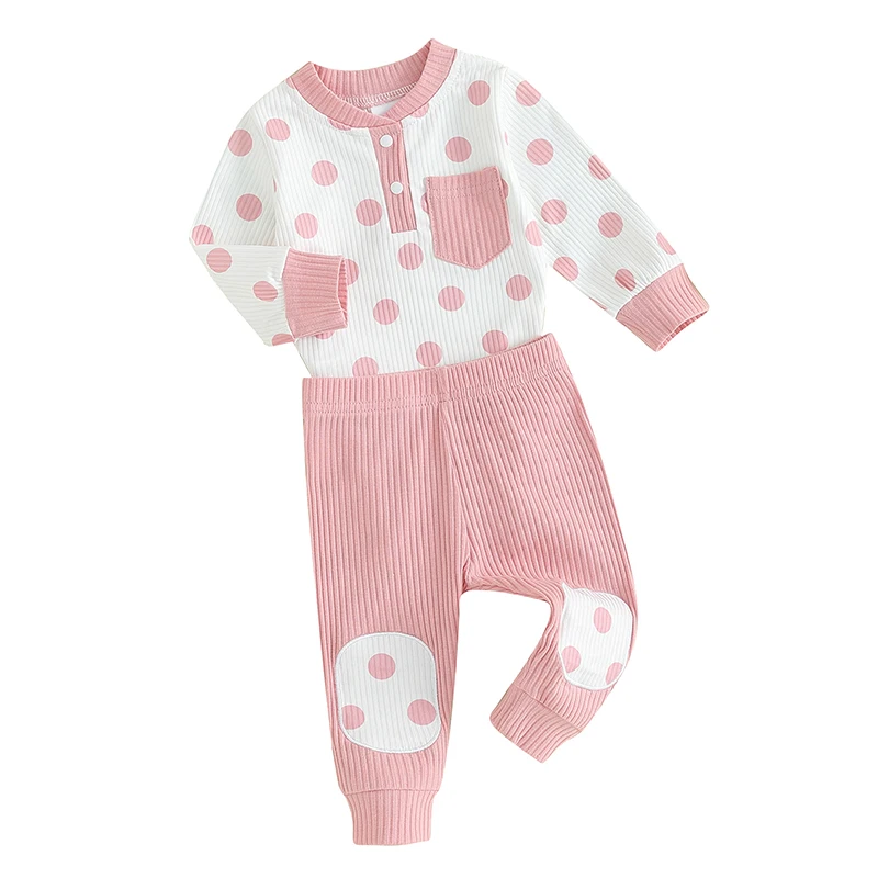

Infant Baby Girl 2Pcs Fall Winter Outfit Dot Print Long Sleeve Romper and Elastic Waist Long Pants Cute Clothes Set