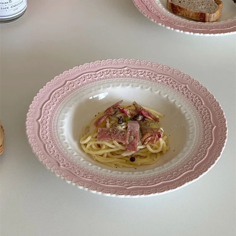 

Рельефная французская обеденная тарелка, подглазурованная цветная Ретро рельефная розовая фотокерамическая тарелка, десертная тарелка, тарелки для пасты, фруктов, салата