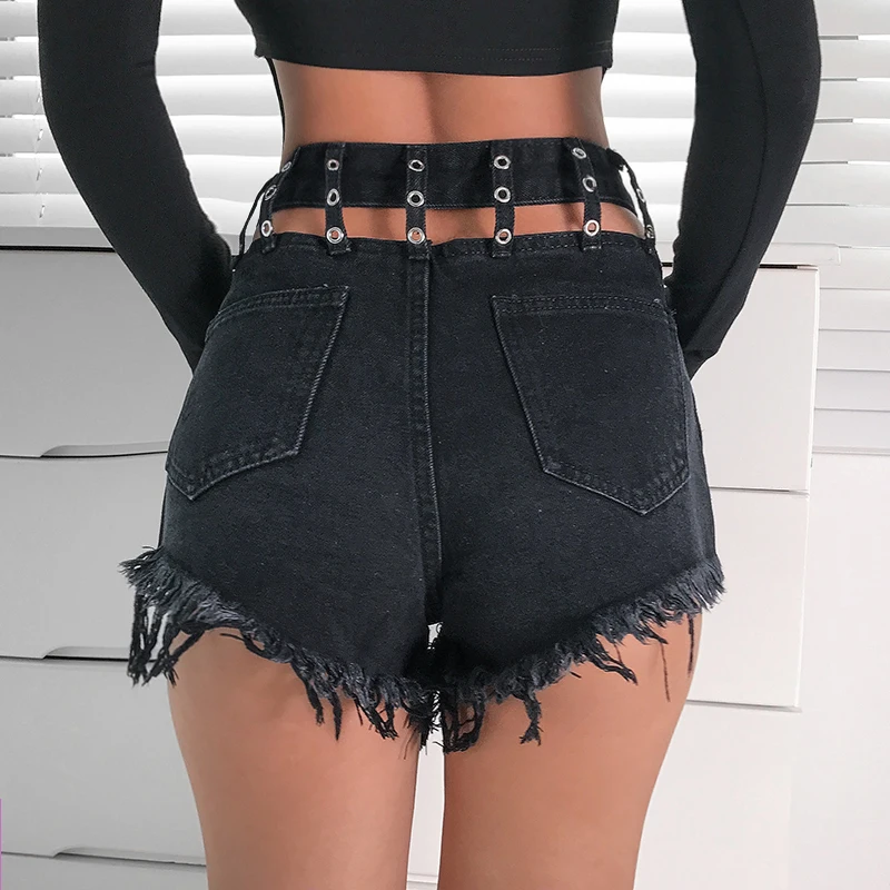 Women High Waist Shorts Summer Slim Sexy Hollow Out Denim Shorts Gothic Hip Casual Black Wide Leg Shorts for Female E Girl Punk