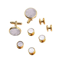 8pcs gold white shell mens cufflinks and studs set tie clasp cuff links shirts classic match for business wedding formal suit