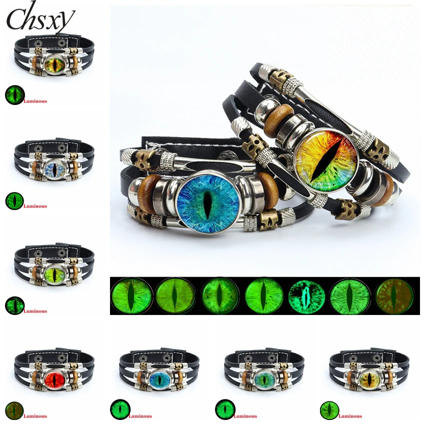 Luminous Dragon Eyes Leather Bracelet Man Evil Eye Round Clear Glass Cabochon Button Multilayer Bracelets Bangles Wristband Gift