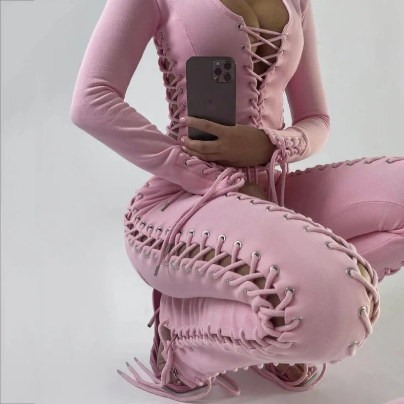 

Design Sense Cock-eye Straps Hollow Drawstring Casual Trousers Women Summer Skinny Straight American Street Spice Girls Sweatpan
