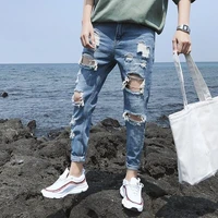 summer thin korean style trendy spring chic pants loose hole jeans mens ninth pants light color slim fit skinny