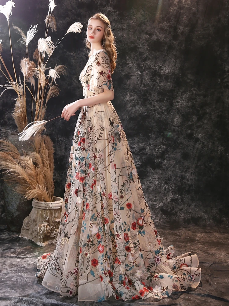 

Вечерние платья с цветочной вышивкой 2023, длинное платье, романтическое платье для выпускного вечера с коротким рукавом и шлейфом, женская одежда