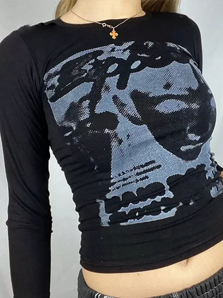 

Модная футболка с графическим принтом для женщин 2022, укороченный Топ с длинным рукавом Y2K, повседневная винтажная одежда, модный осенний уко...