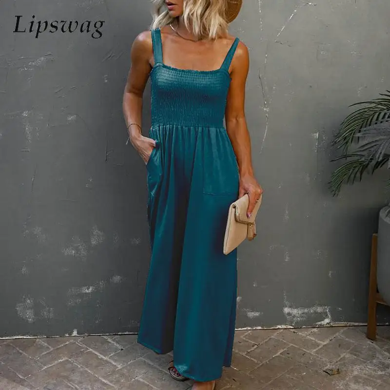 

Women Fashion V-neck Solid Long Playsuit Summer Sling Sleeveless High Waist Jumpsuit Lady Casual Waisted Wide Leg Pants Rompers