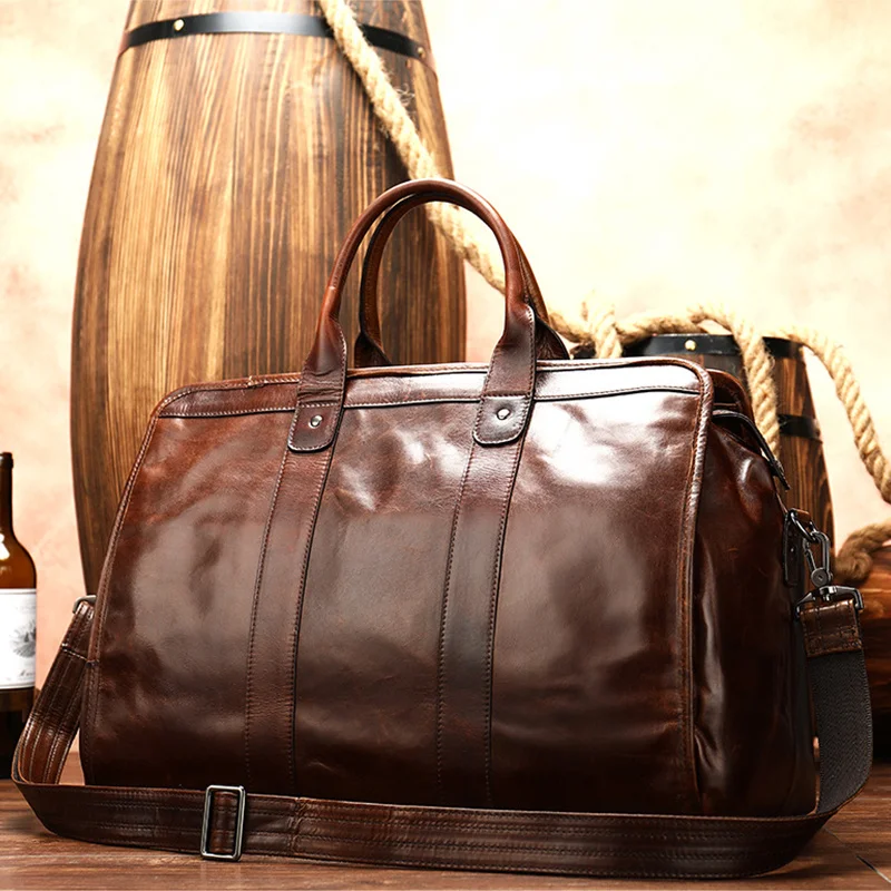 Smooth Leather Travel Bag Men Women Unisex Vintage Travelling bags hand luggage brown cowhide travel totes high capacity