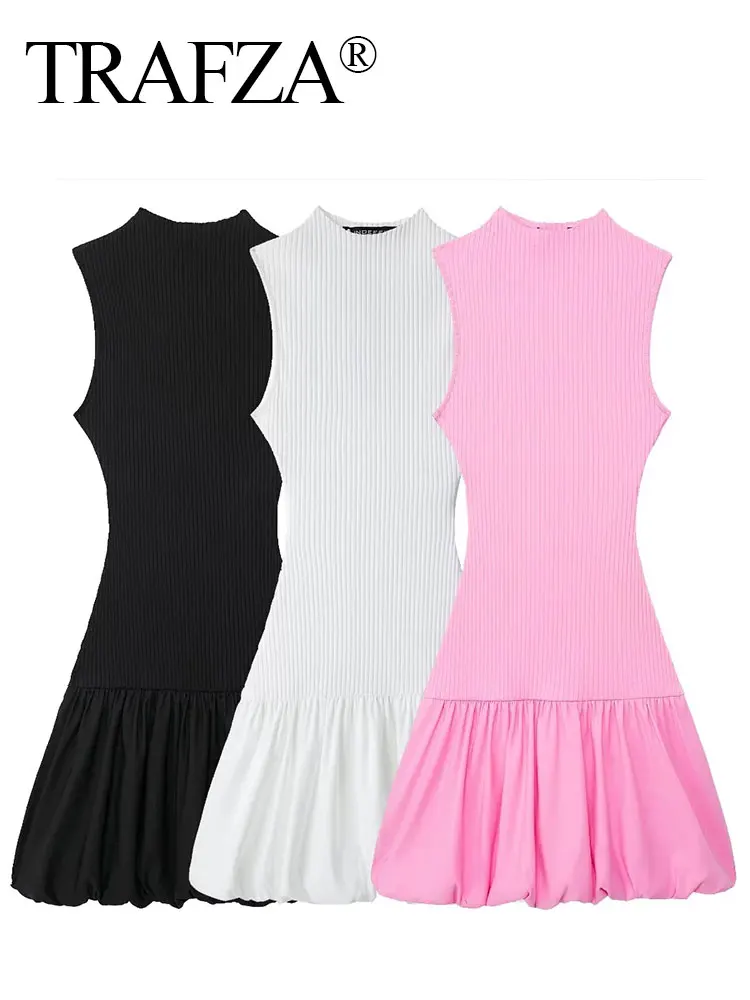 TRAFZA женское элегантное однотонное мини-платье с высоким воротником и открытой