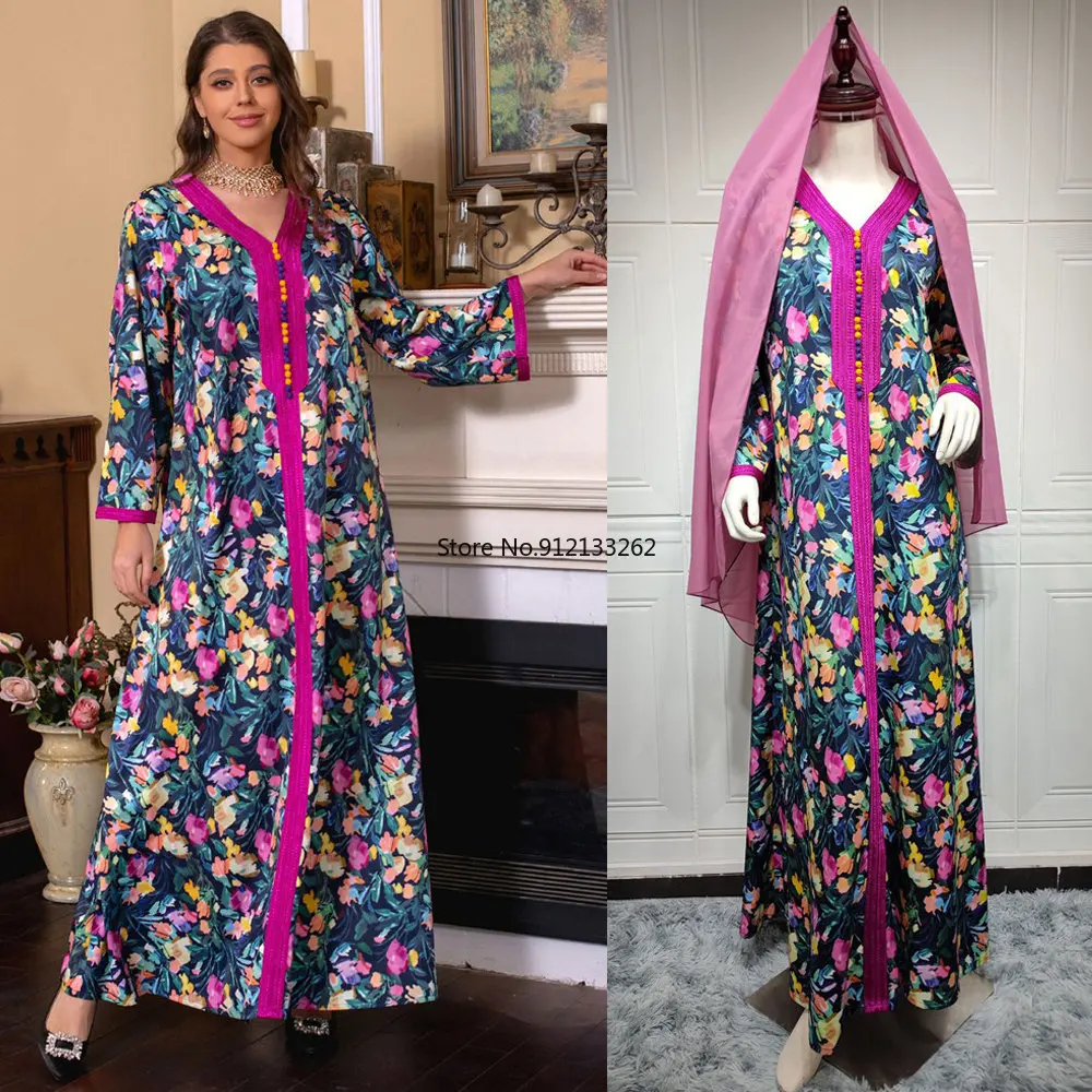 

Eid Ramadan Muslim Abaya Women Dress Floral Print Dubai Islam Turkey Long Dress Kaftans Abayas Femme Musulmane Caftan Moroccan