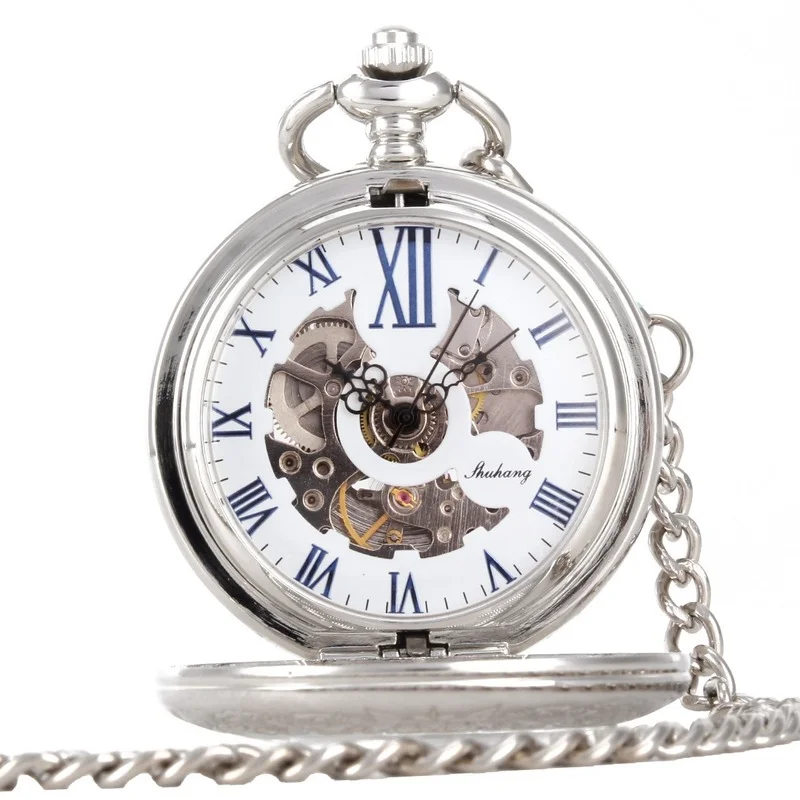 Silver Mechanical Hand Wind Antique Pocket Watch Exquisite Blue Roman Numerals Display Skeleton Pendant Clock Gifts Elder