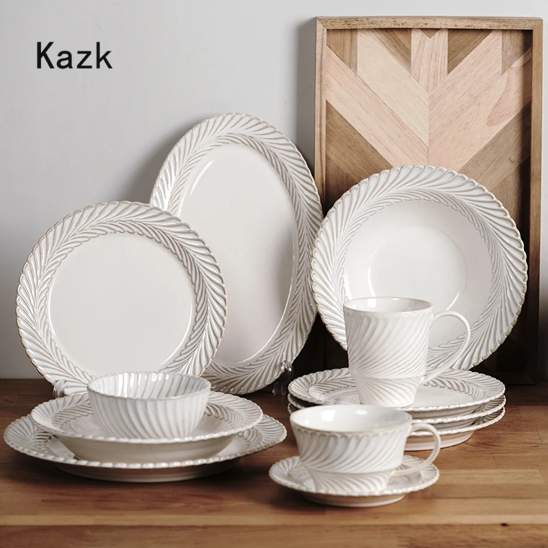 

Nordic Relief Ceramic Plate Home Dining Table Steak Spaghetti Dinner Plates Salad Dishes Coffee Cup Kitchen Decor Tableware Sets