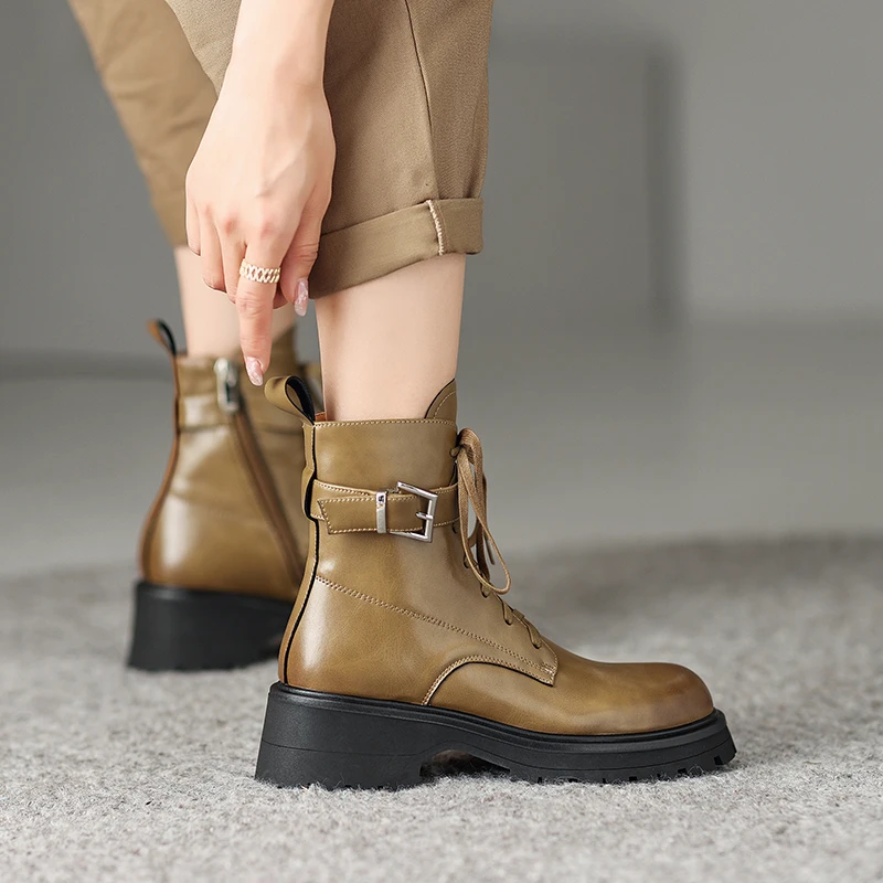 

Women ankle boots natural leather 22-24.5CM cowhide upper modern boots Vintage side zip Buckle Biker Boots autumn winter shoes