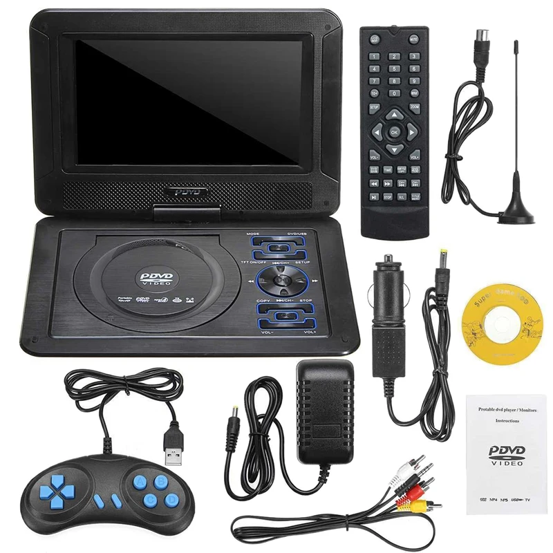 Portable HD 9.8 Inch Home Car DVD Player VCD CD MP3 DVD Player USB SD Cards RCA Portatil Cable Game 16:9 Rotate EU Plug