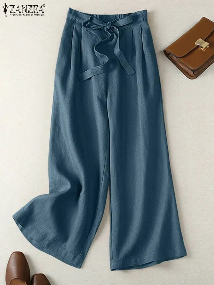 

ZANZEA 2023 Women Autumn Trousers Kaftan Wide Leg Pants High Waist Pantalon Palazzo Belt Female Casual Solid Turnip Oversized