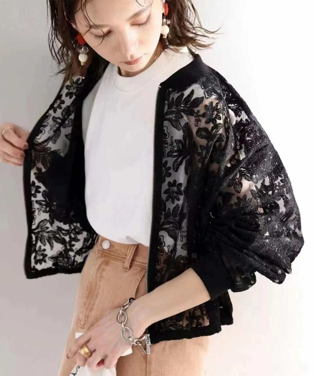 

2022 South Korean Women's New Autumn 2022 Women Fashion Zipper Solid Lace Jacket