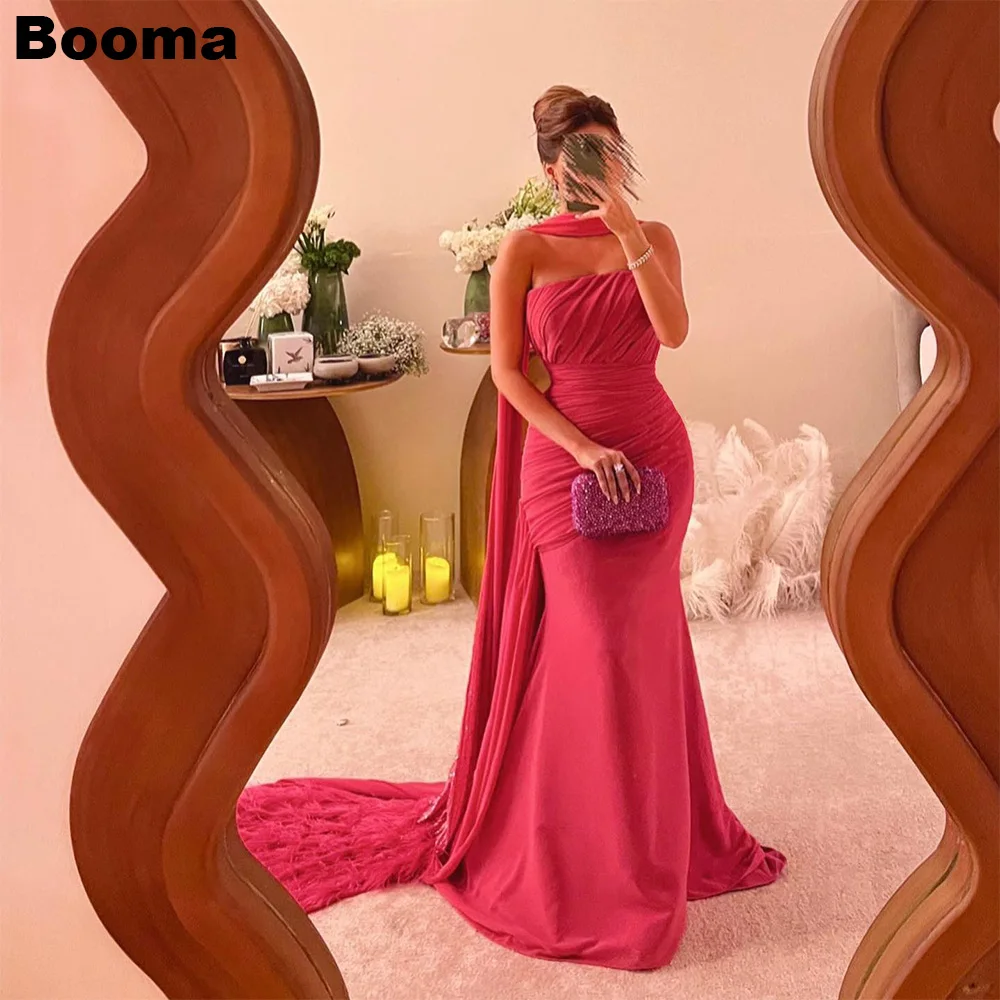 

Booma Red Elegant Mermaid Evening Dresses Strapless Feathers Cape Party Dresses Saudi Arabia Formal Celebrate Events Prom Gowns