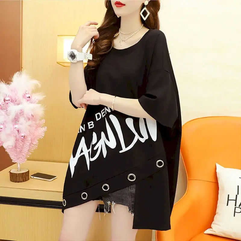 

Summer Woman Tshirts Fashion Irregular Short Sleeve T-shirt Casual Loose Mid-length Design Thin Oversized T Shirt Womens Clothes