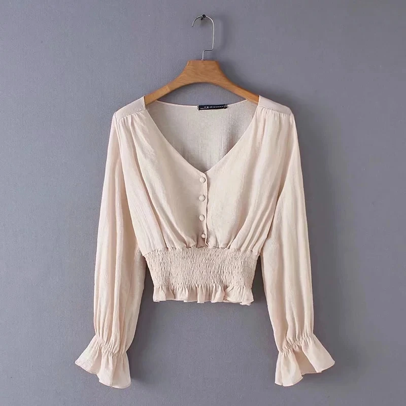 Новая женская однобортная рубашка с V-образным вырезом и эластичным подолом