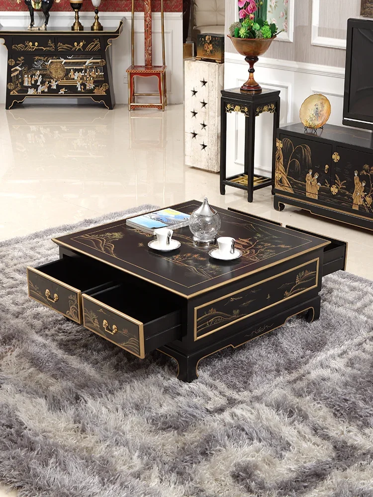 Новый квадратный столик в китайском стиле с черной окрашенной пейзажной картой