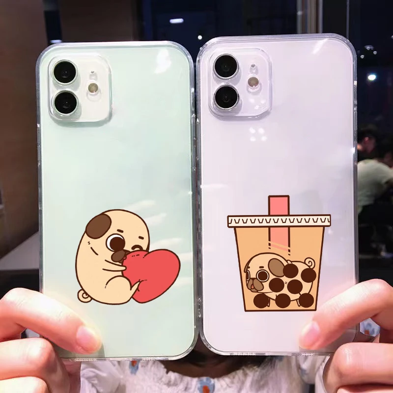 

Cartoon Animal Pug Dog For iPhone 11 Pro Max 12 13 Pro Mini X XR XS Max Se2 6 6S 7 8 Plus Clear Phone Case Carcasa