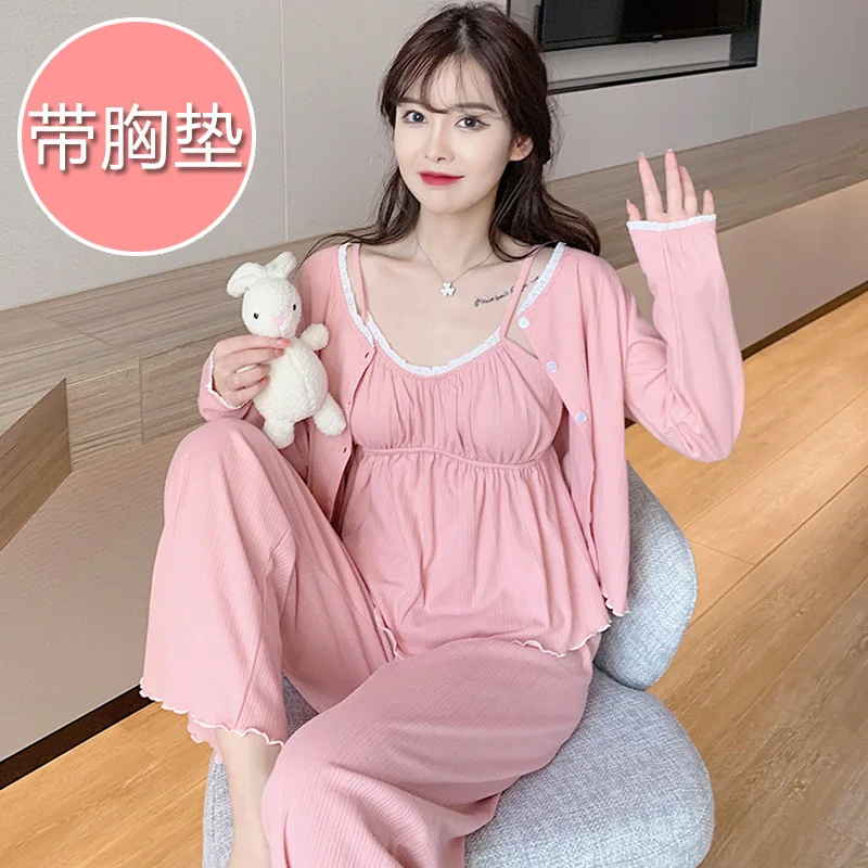 Spring and summer new three-piece set 6535 cotton belt chest pad removable vest + dressing gown + trousers women's pajamas
