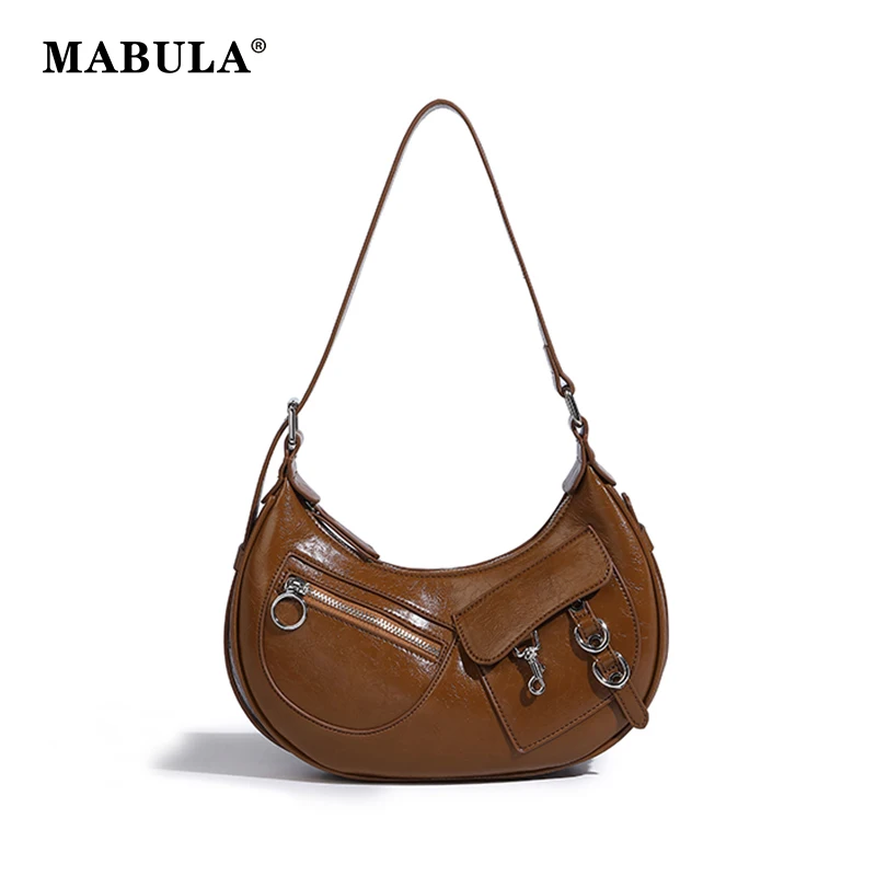 

MABULA Punk Rock Half Moon Underarm Purse for Women Chic Vintage Brown Crossbody Shoulder Bag 2023 Brand Sling Cell Phone Wallet