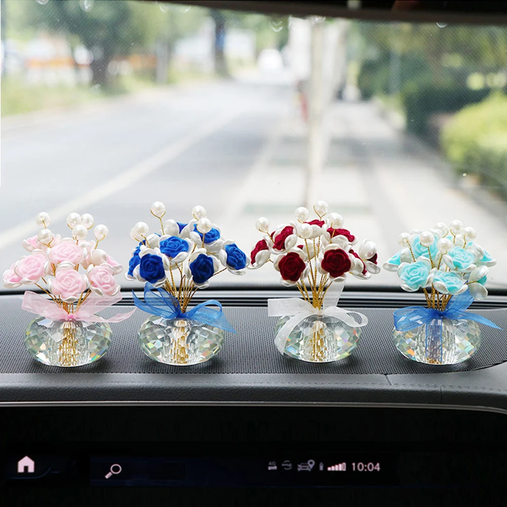

Romantic Rose Artificial Flower Figurines Pearl Bouquet Resin Sculpture Crystal Base Car Dashboard Ornament Home Decoration