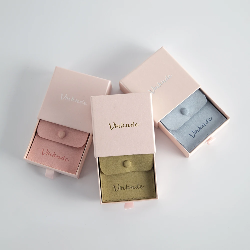 Custom Logo Wedding Gift Box Candy Pouches 9x9x3.2cm Drawer Jewelry Packaging Boxes Case Microfiber Earrings Pendant Button Bag