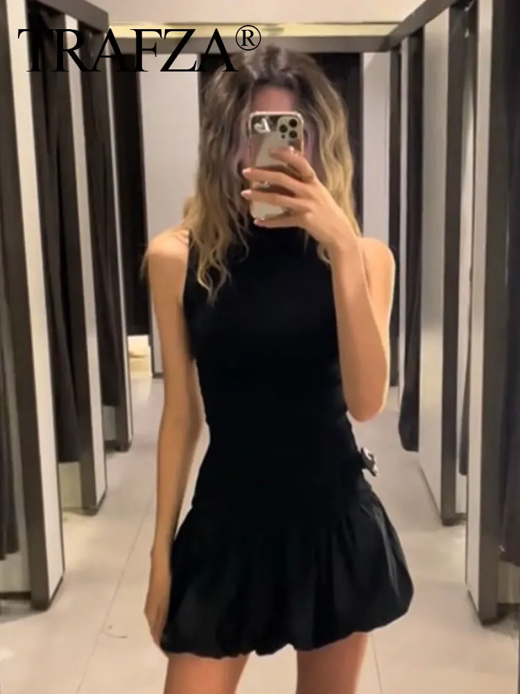 TRAFZA женское элегантное однотонное мини-платье с высоким воротником и открытой