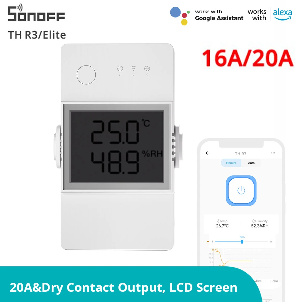 

SONOFF TH Elite 16A/20A Wifi Switch With Temperature Sensor Humidity Monitor Switch Wireless Remote Switch Via e-Welink Control