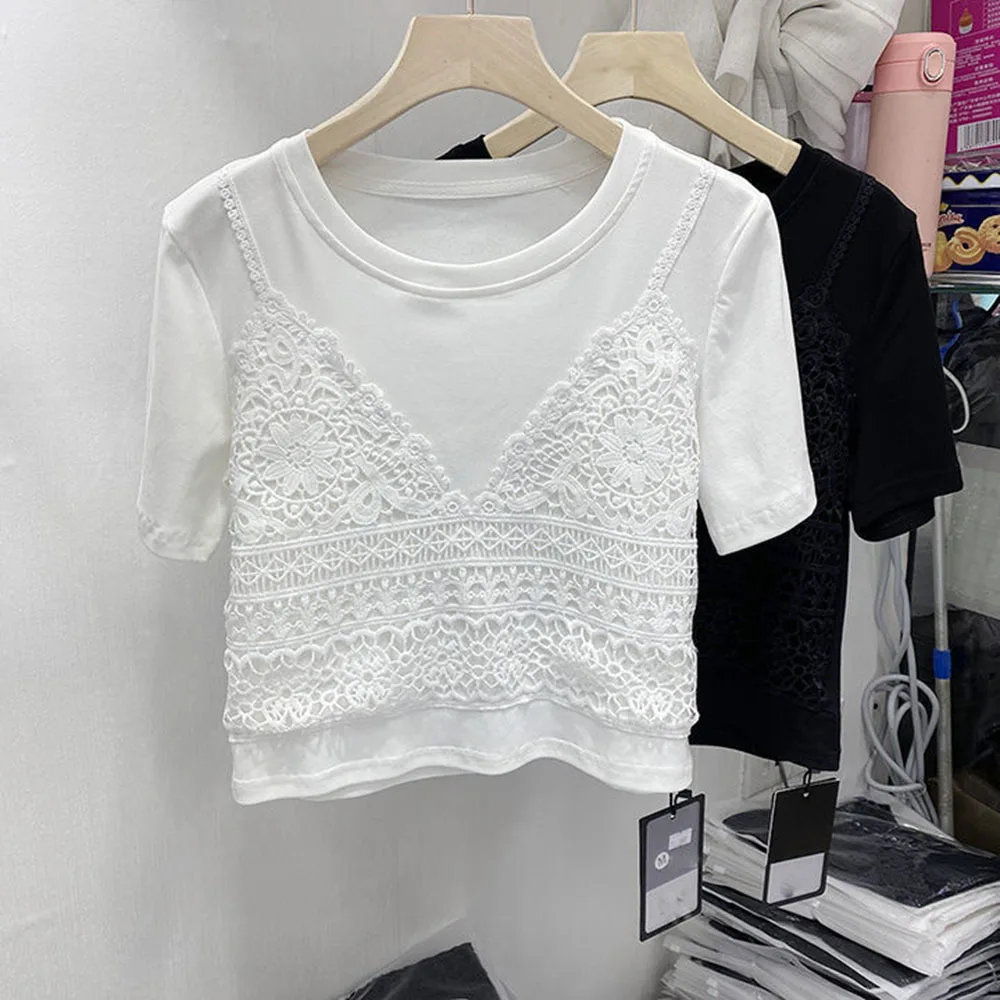 

Casual Summer Patchwork Lace T Shirt For Women O Neck Short Sleeve Loose Oversize T Shirts Females Fashion Clothing