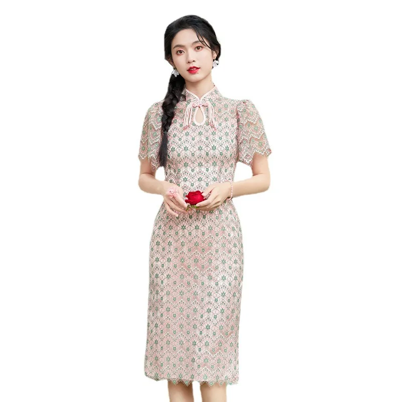 

Improved Cheongsam Dress Women's Ruffle Sleeve Elegant Young Lace Dress