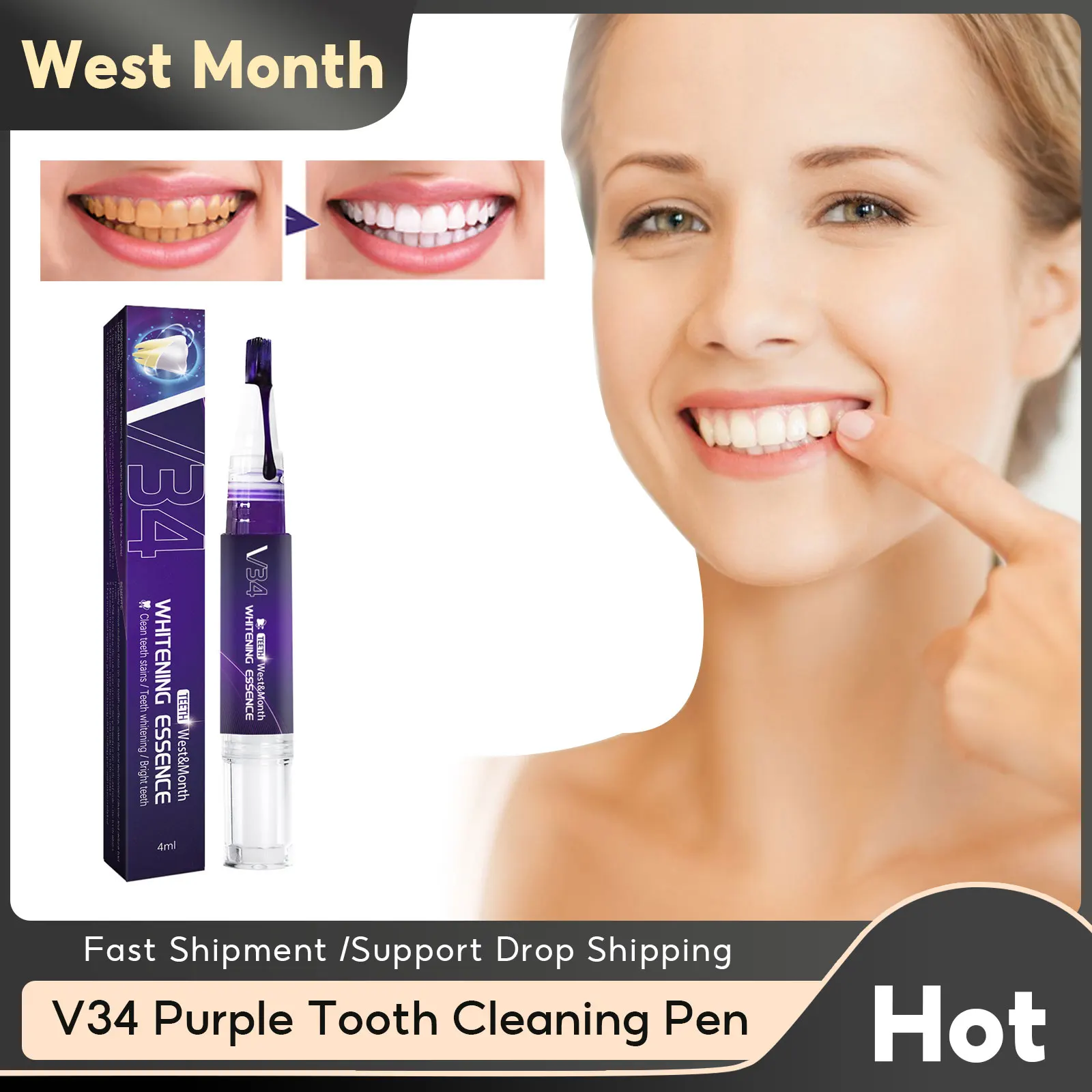 

V34 Teeth Whitening Essence Fresh Breath Cleansing Tartar Remove Plaque Coffee Cigarette Stains Oral Hygiene Purple Tooth Serum