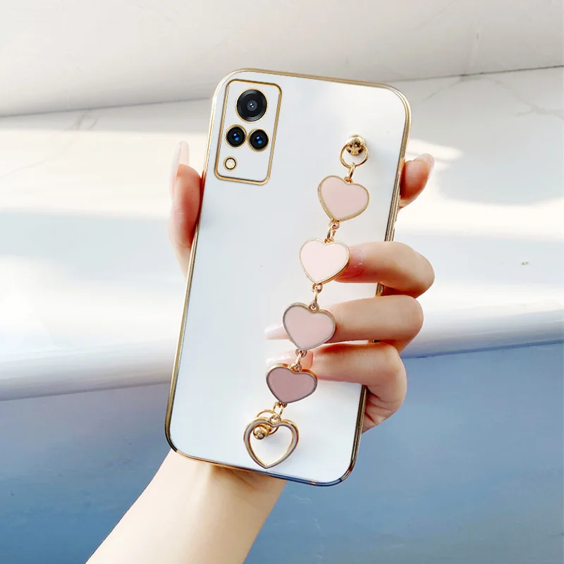 

Pink Love Bracelet Electroplated Case for vivo V21 4G 5G V23 E V25 Pro V5 Plus Y73 2021 S12 S10E X9 Love Bracelet Wrist Chain