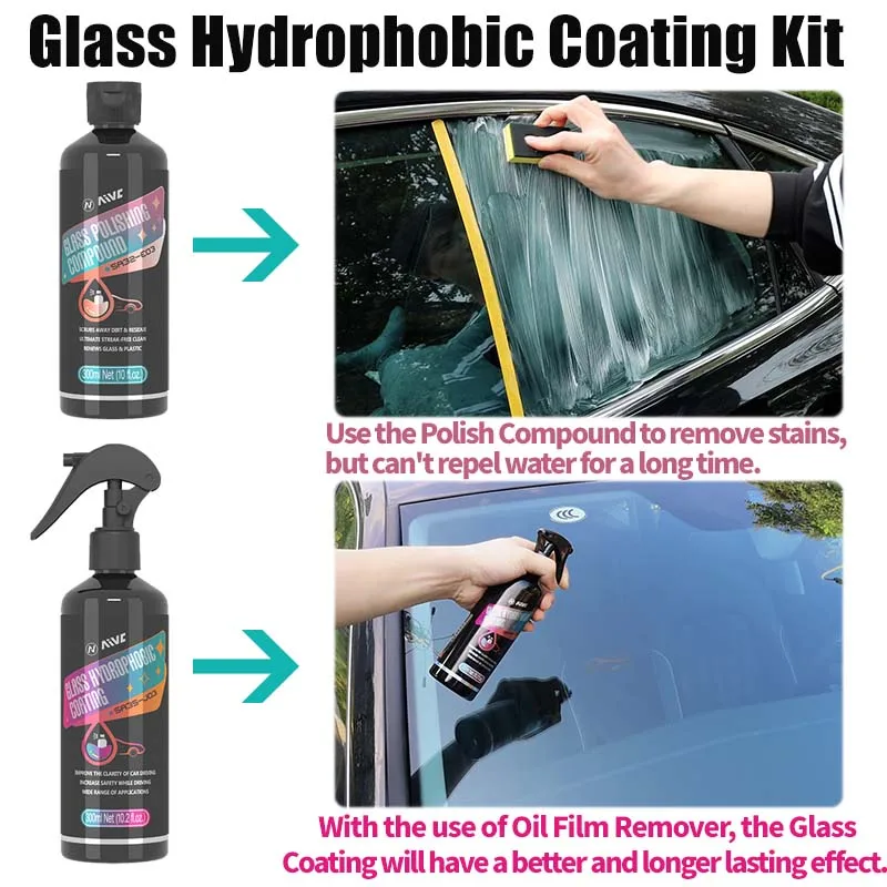 

Car Glass Hydrophobic Coating Kit Windshield Oil Film Remover AIVC 300ml Glass Nano Waterproof Spray Cleaning Set Car Detailing