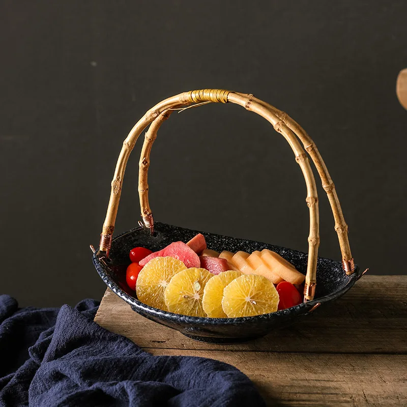 

Creative Ceramic Plate Tableware Sushi Shop Hotel Set Plate Bamboo Handle Hanging Plate Red Food Plates Cute Ceramic Plate